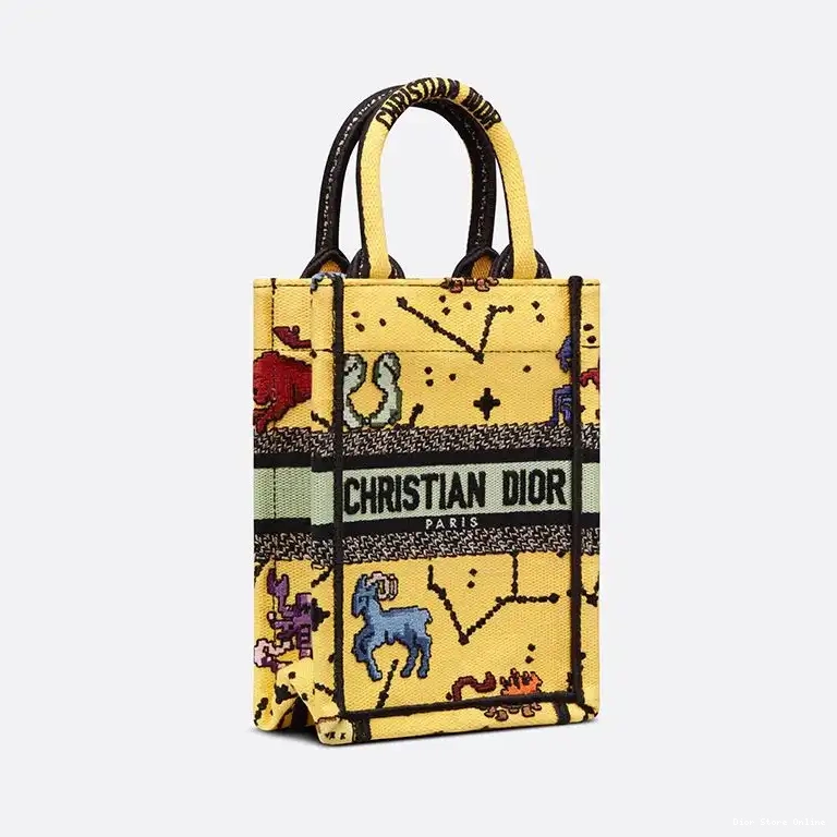 Cheap Tote Canvas Miniature Yellow Dior Pixel Zodiac Book Motif 0415 Hot Sale